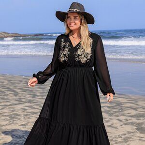 Plus Size Embroidered Tie Neck Long Sleeve Dress